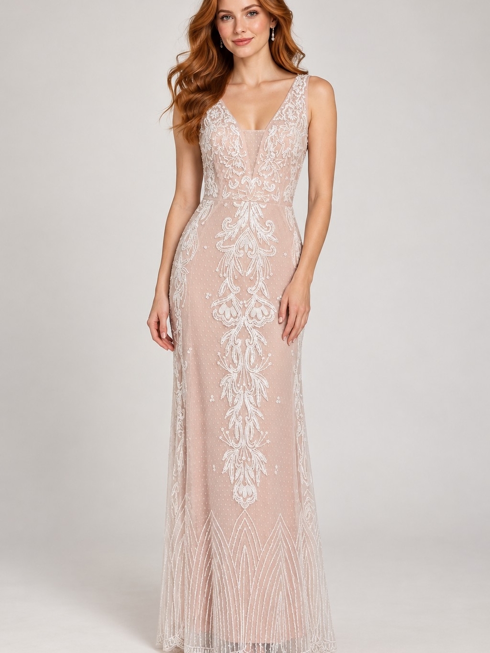 Sleeveless Blush Embroidered Evening Gown